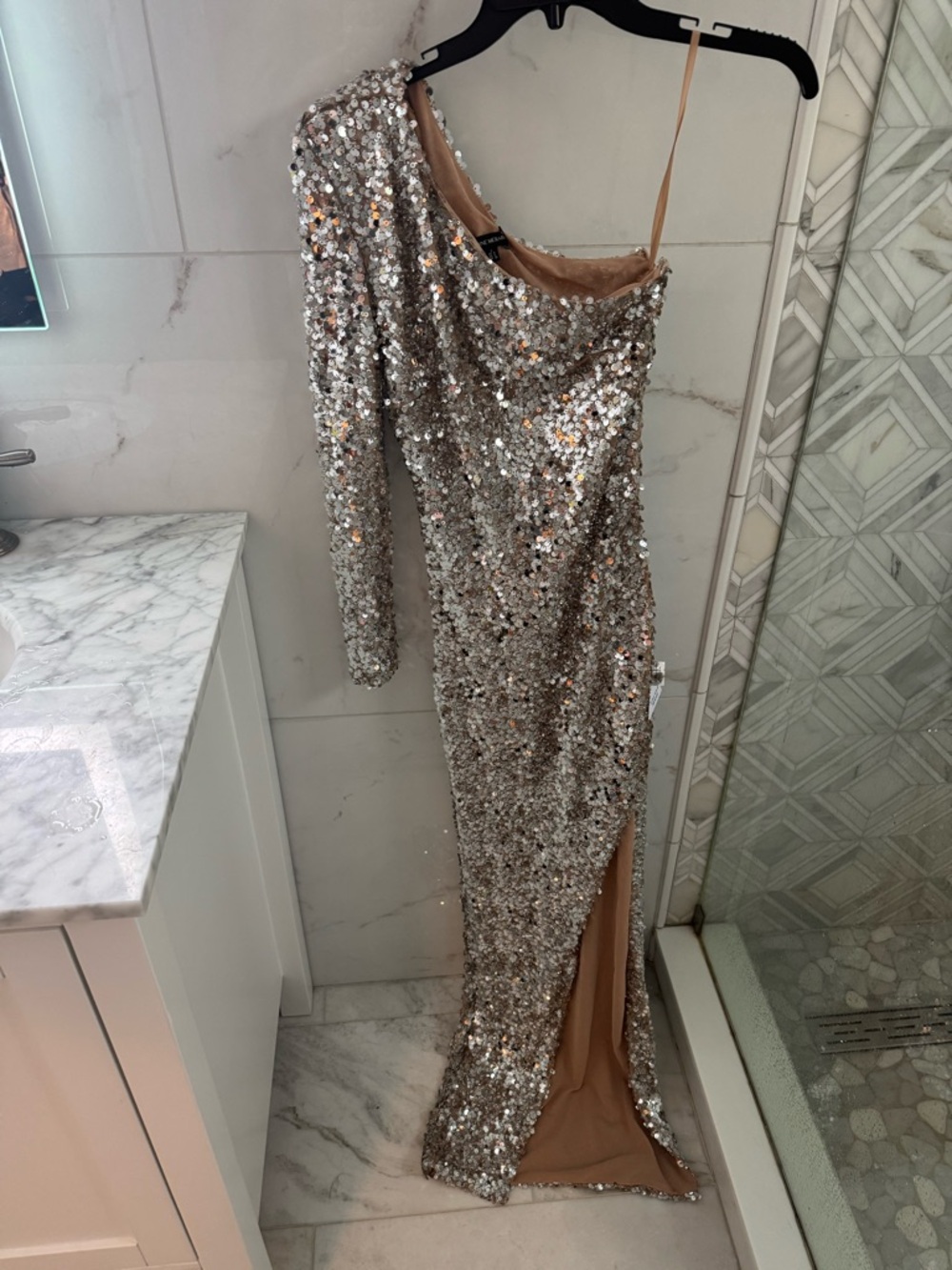 NADINE MERABI Silver Sequin One-Shoulder Gown with Nude Lining